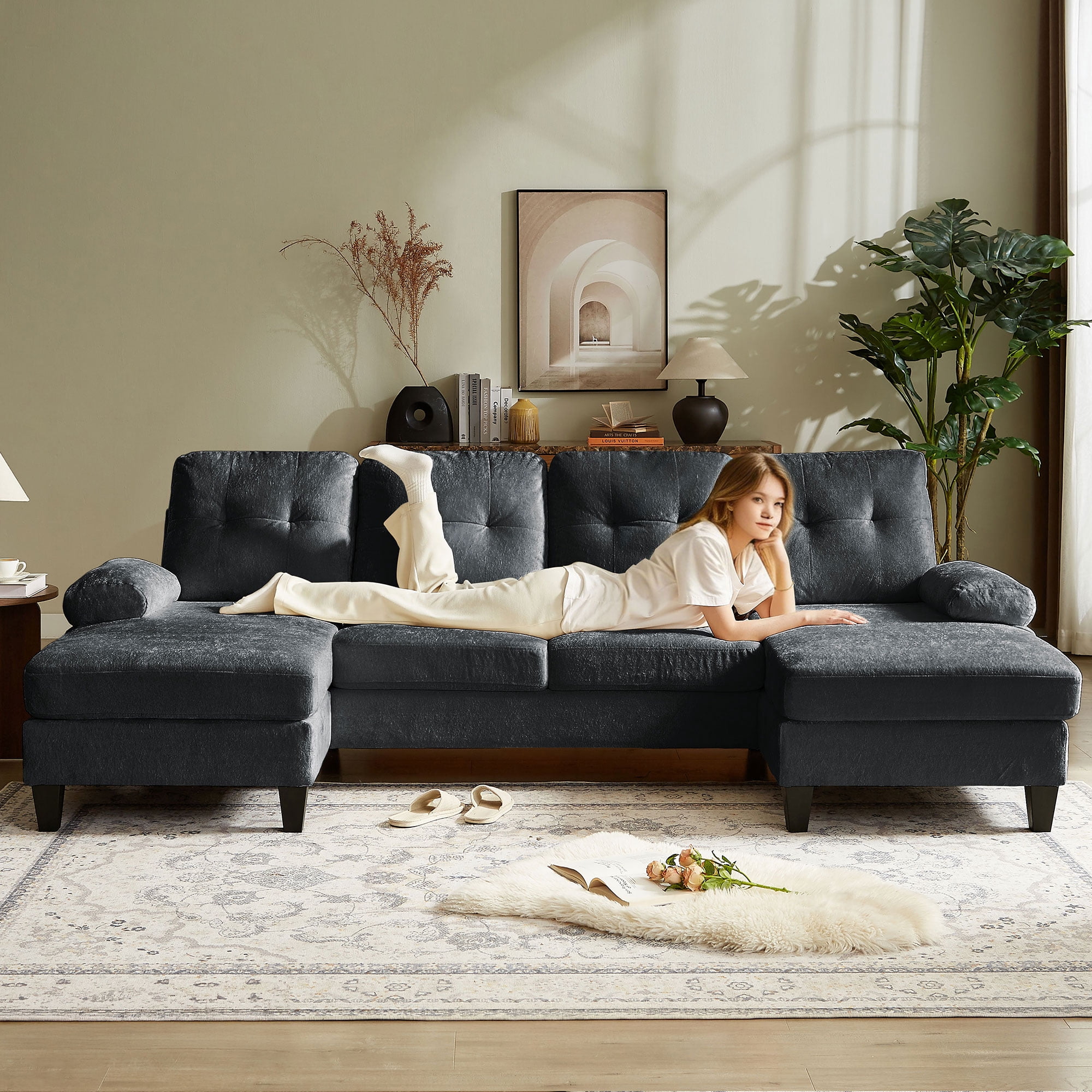 Soscana 105" Sectional Sofa U Shaped Couch with Double Chaise, Modern Chenille Sofa Oversized 4 Seater Couch for Living Room, Apartment, Office, Studio