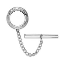 Solid Polished Patterned Engravable (front only) Rhodium Plated Round Tie Tack Tie Clip for Men