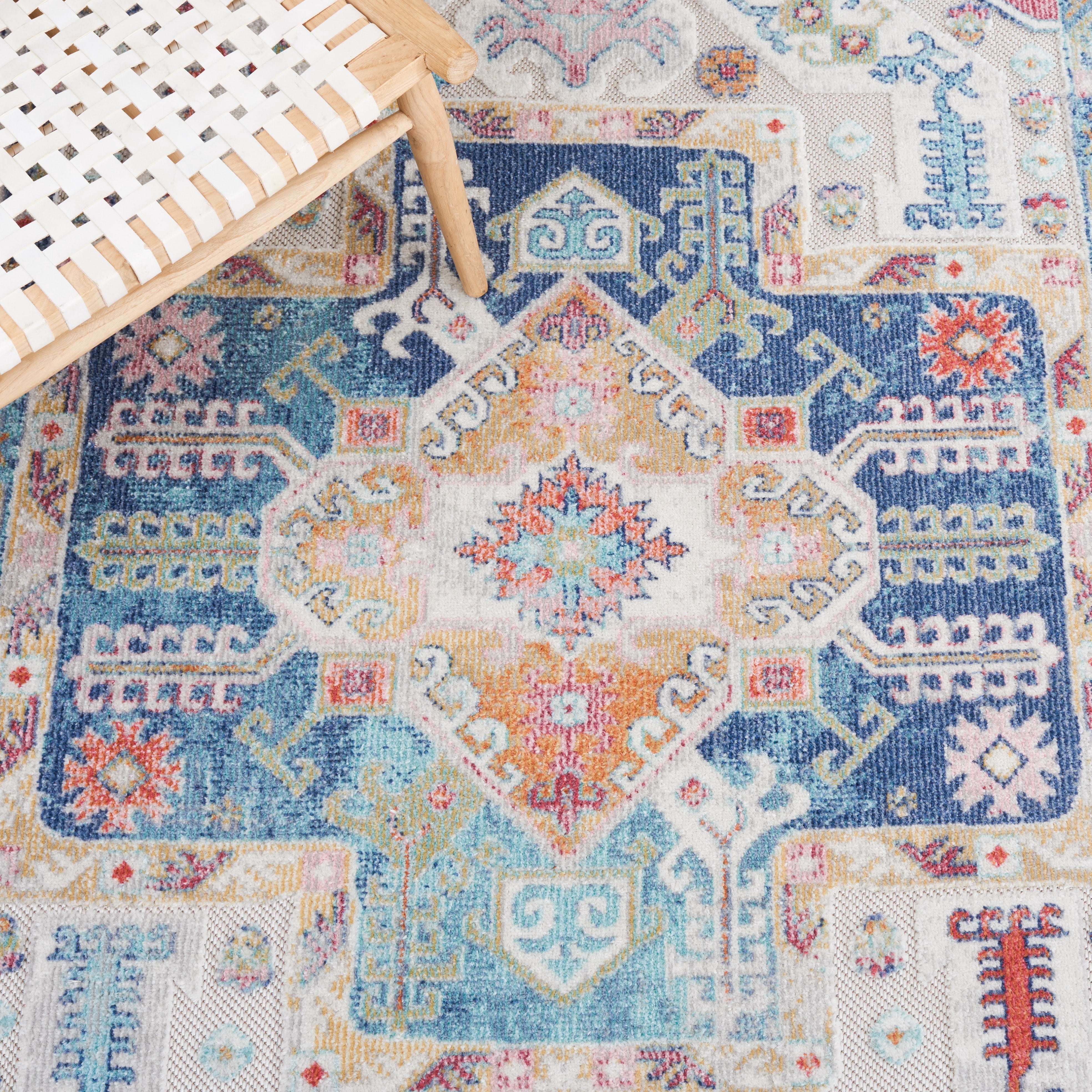 SAFAVIEH Cabana Dima Medallion Indoor/Outdoor Area Rug, Navy/Aqua/Ivory, 6'7" x 6'7" Square