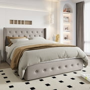 Einfach Queen Size Lift up Platform Storage Bed Frame with Fabric Upholstered Wingback Button Tufted Headboard, Beige