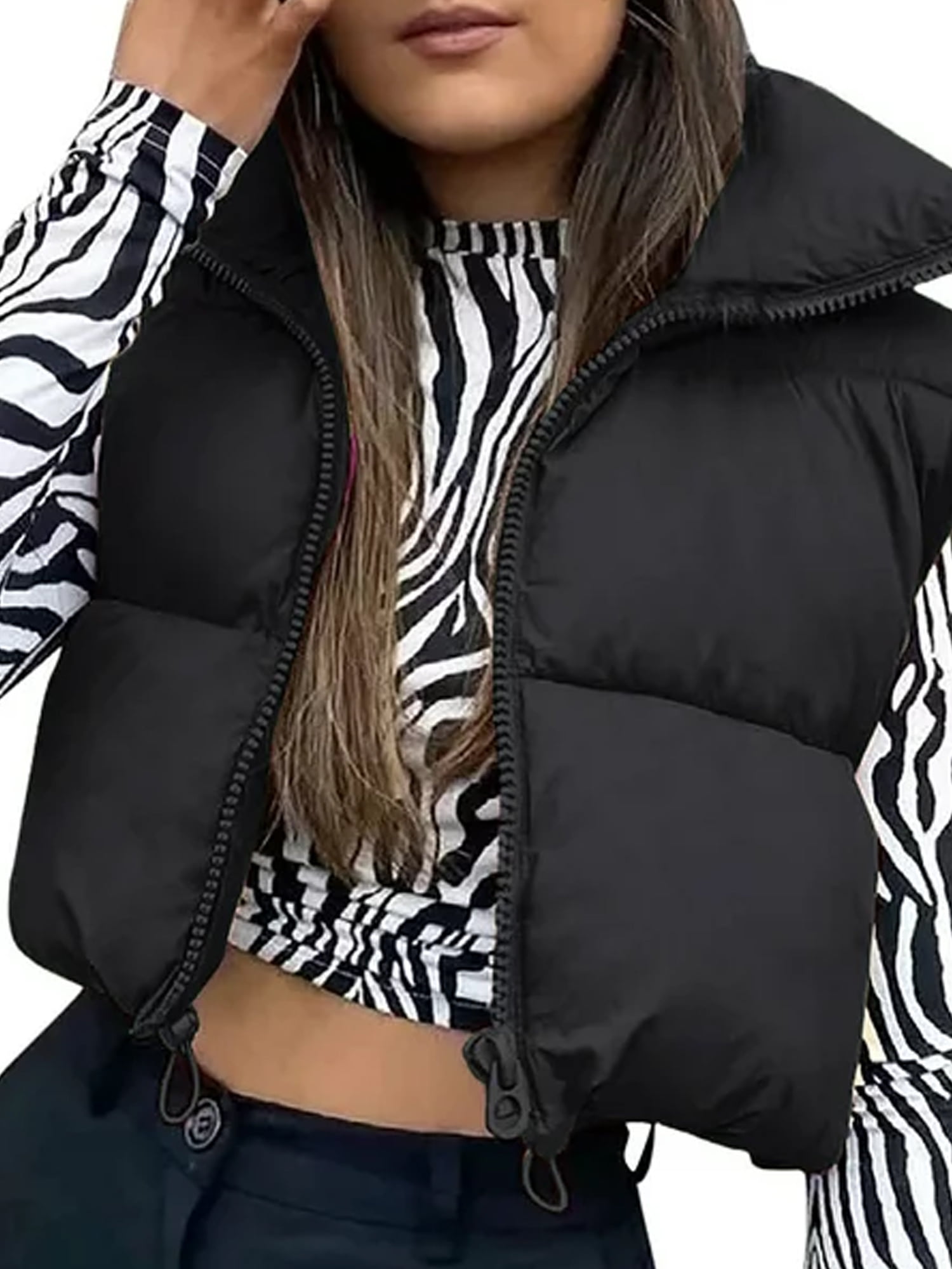Women's Lightweight Crop Puffer Vest Winter Zip Up Sleeveless Warm Y2k Outerwear Fashioned Coat Down Jackets Pockets At Women's Coats Shop