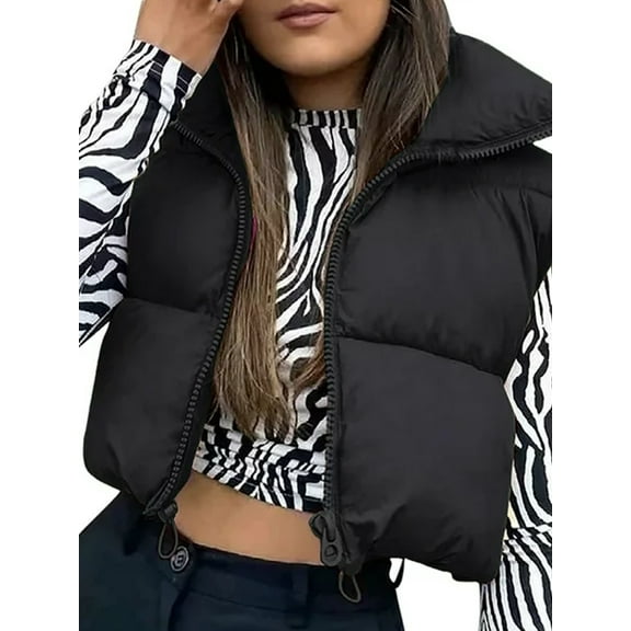 Women's Winter Warm Crop Vest Zipper Up Lightweight Sleeveless Waistcoat High Neck Puffer Cropped Padded Jacket