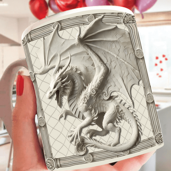 Lotusprinthandmade 3D White Dragon Lovers White Ceramic Mug (11oz) (Made In US), Mystical Dragon-Themed Coffee Cup