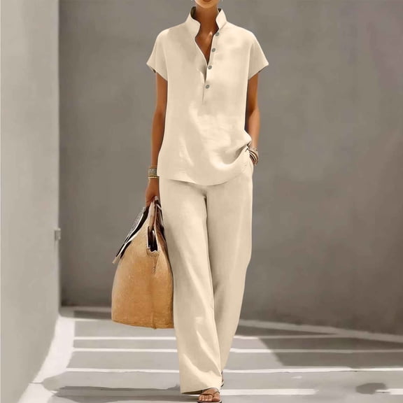 LEKWK Linen Sets for Women 2 Piece Short Sleeve Stand Collar Henley Tops and Loose Wide Leg Pants with Pockets Summer Casual Fashion Vacation Workwear