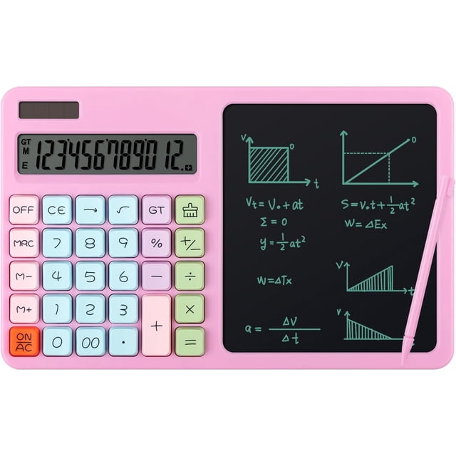 12-Digit Desktop Calculator with Notepad & Stylus, Cute Pink Basic Calculator for Office, School, Home, Financial Math – Portable Multi-Function Desk Accessory for Women & Students
