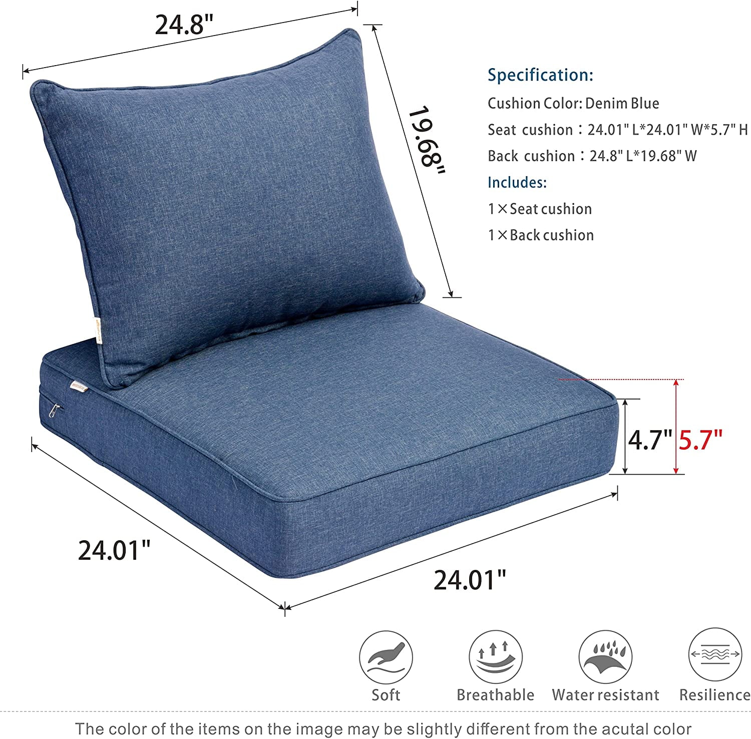 Ovios Back and Seat Cushion Set for Outdoor Furniture, 2-Piece Replacement Cushions for Deep Seating Patio Chair, Outside Pads for Porch, Deck and Garden Seats