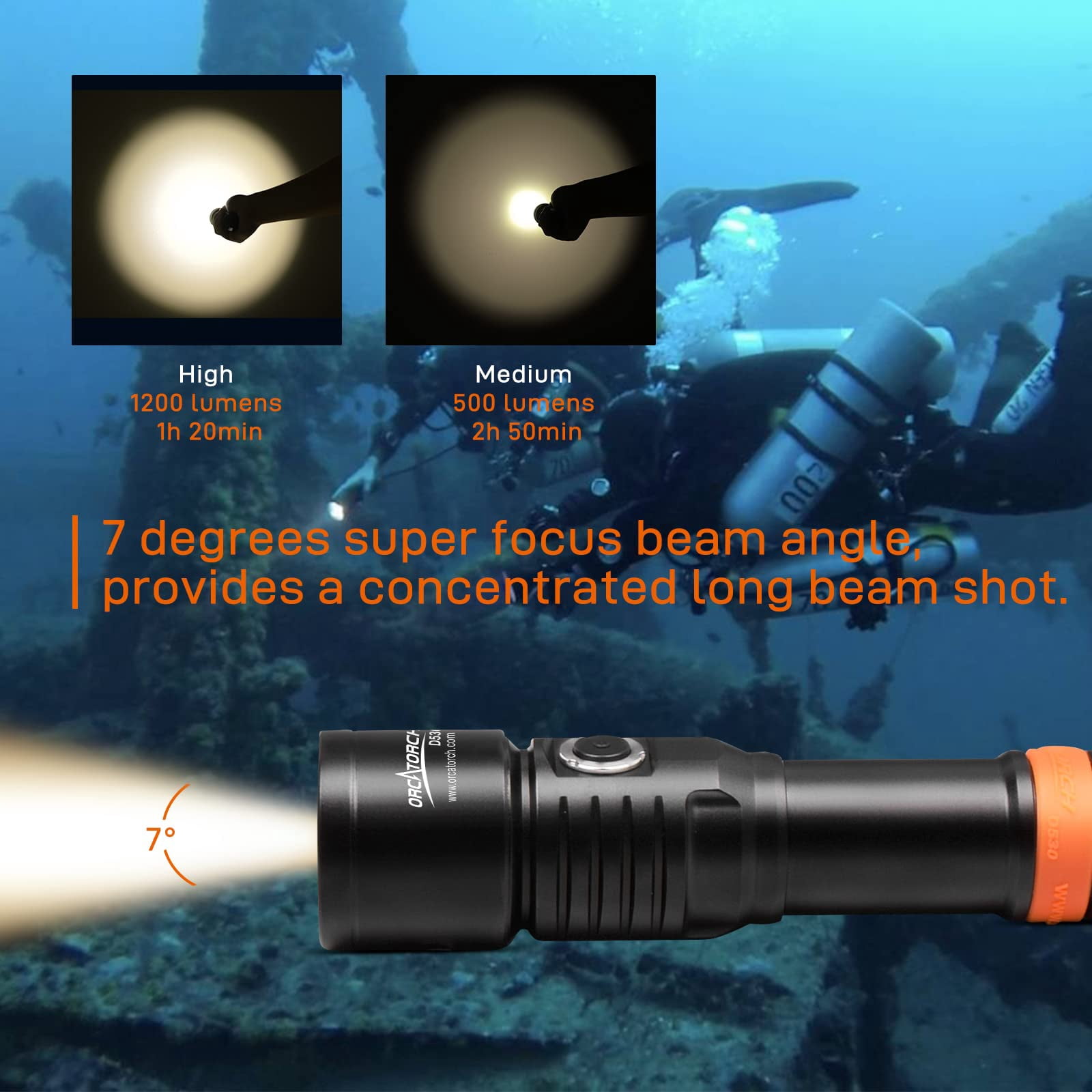 ORCATORCH D530 Scuba Dive Light 1200 Lumens with Type C Rechargeable Battery, Waterproof Scuba Dive Flashlight Super Bright Diving Gear, Underwater Submersible Torch for Night Diving & Sea Cave