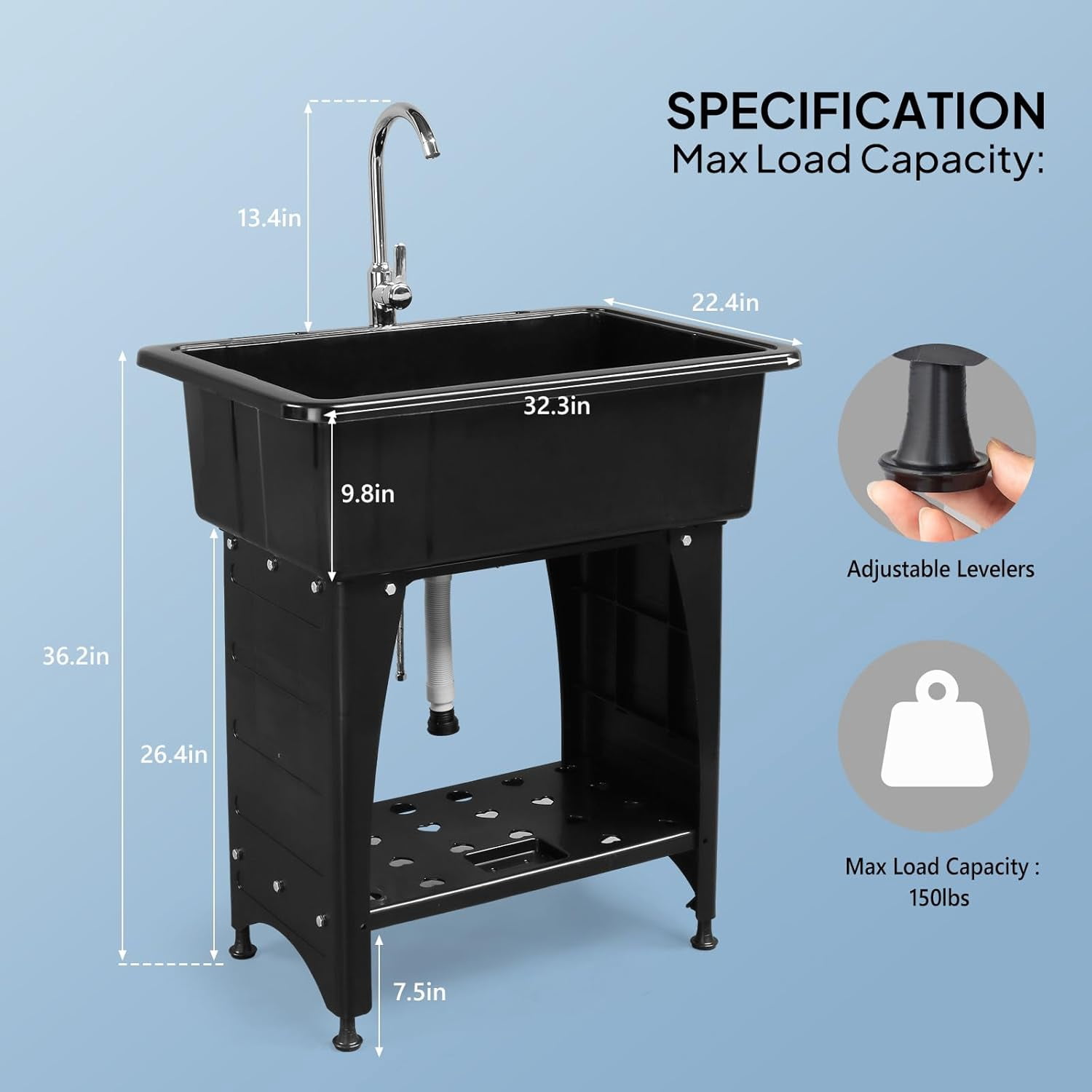 HJTER 20-Gallon Utility Sink Laundry Tub for Washing Room, Freestanding Utility Sink with Stainless Steel Faucet, (Black, 32.3"W x 22.4" D x 49.6"H (Faucet included))