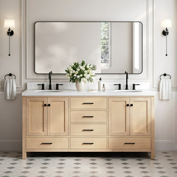 Ariel Cambridge 72 Inch Double Oval Sink Bathroom Vanity With Carrara White Quartz Countertop 1.5 Inch Edge In Oak
