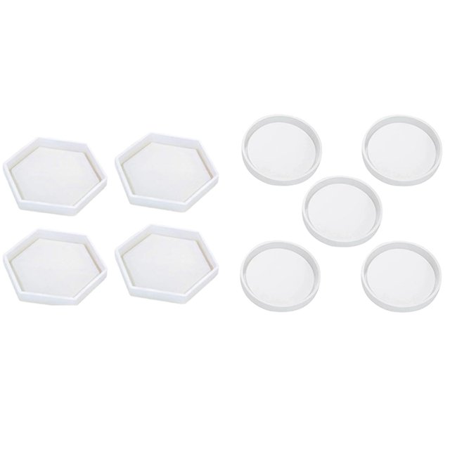 9 Pcs Moules Époxy Transparents pour Moulage avec Résine, Béton, Ciment et Argile Polymère, 4 Pcs Hexagone & 5 Pcs Rond, 9 * Moule, transparent Blanc