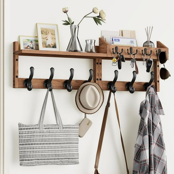 Burfoko 4-in-1 Wall Mounted Coat Rack with Shelf - 29" Entryway Organizer with 11 Hooks, Mail Holder & Key Hanger, Space-Saving for Hallway/Bedroom, Wood