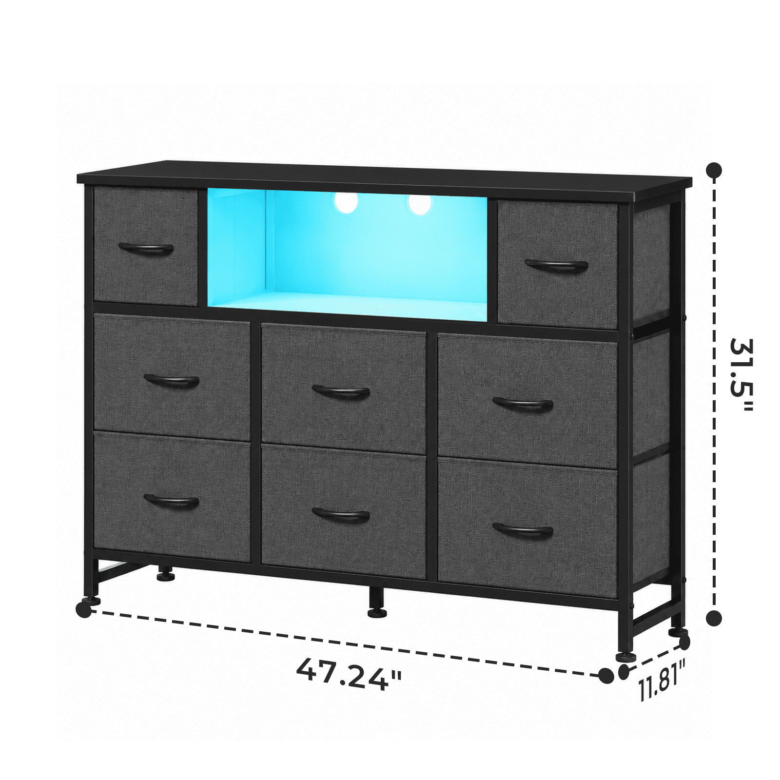 Alvantor Dresser TV Stand for 45, 50, 55 inch TV, Entertainment Center with LED Lights & Charging Station, Chest of Drawers with 8 Fabric Drawers and Open Shelves for Living Room, Hallway, Wood Top