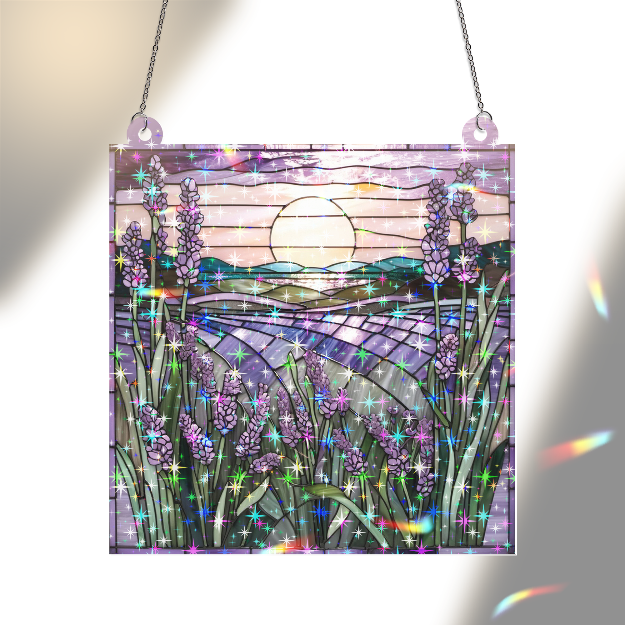 89Bloom Lavender Stained Glass Hologram Ornament, Stained Glass Suncatcher Ornaments Home Decor, Holographic Ornaments