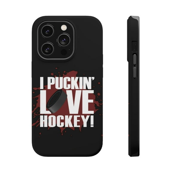 DistinctInk Tough Case for Apple iPhone 15 PRO (6.1" Screen), Compatible with MagSafe Charging - I Puckin' Love Hockey