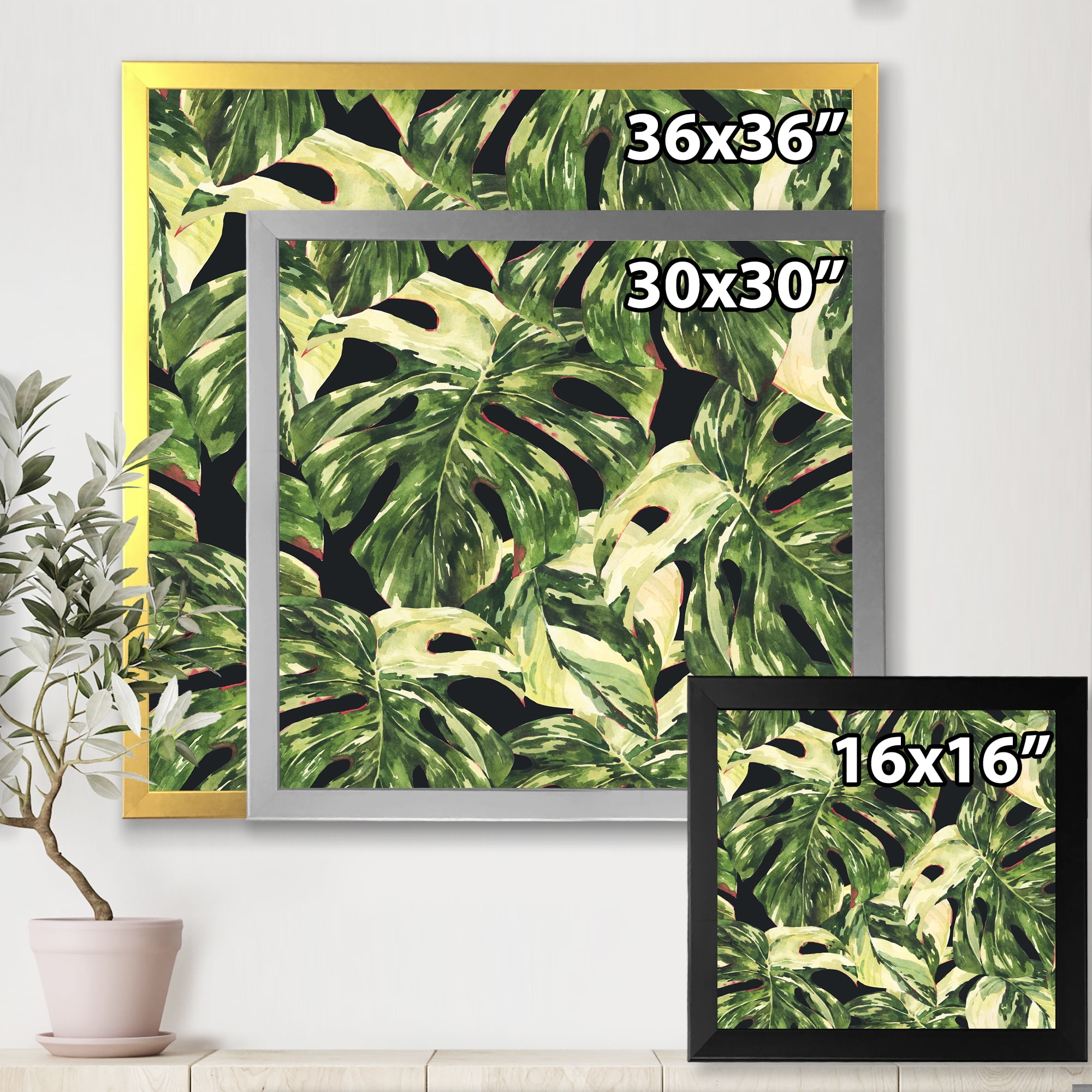 Designart 'Natural Green Leaves Exotic On Dark II' Tropical Framed Art Print