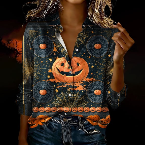 Women's Halloween Shirts Long Sleeve Button Down Blouses Pumpkin Spiderweb Graphic Print Tops V Neck Collared Casual Novelty Fall Holiday Party Apparel