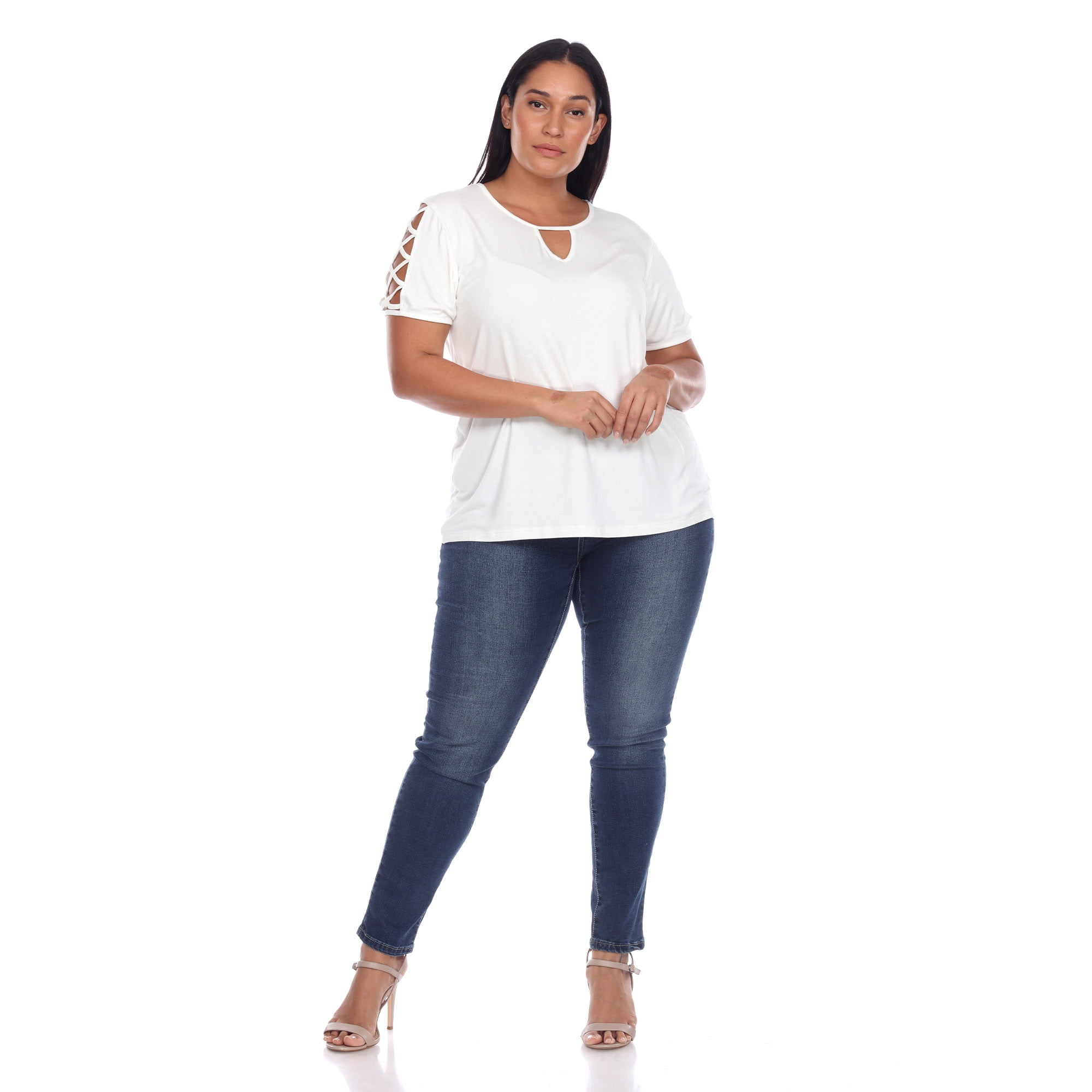 White Mark Women's Plus Size Keyhole Neck Short Crisscross Sleeve Shirt Top