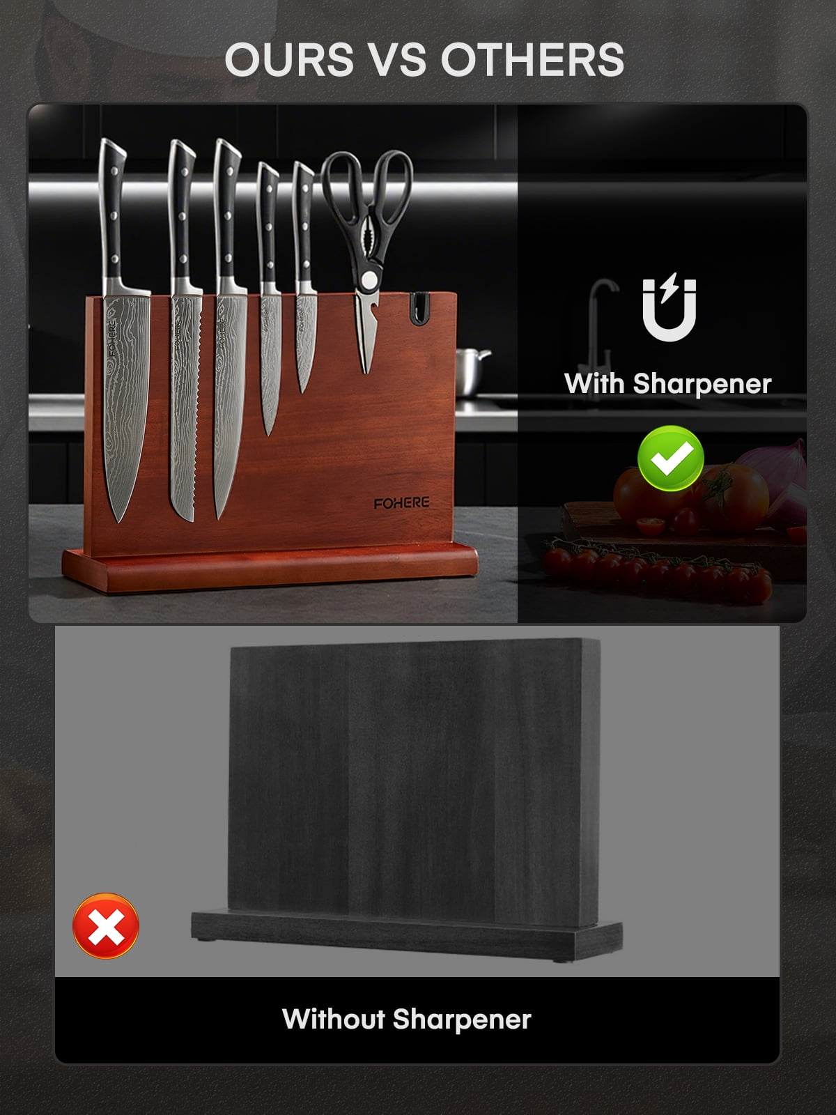 FOHERE Kitchen Knife Set with Magnetic Knife Holder and Sharpener, 7 Pieces Ultra Sharp Chef Knife Set with Ergonomic Handle,  High Carbon Stainless Steel Knives Set for Kitchen