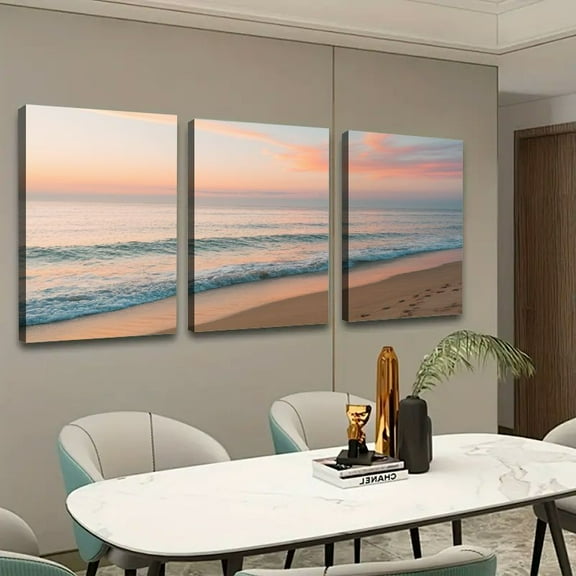 Shadudu Serene Seascape with Gentle Waves Triptych Ready to Hang Print on Canvas - Home Art Decor 16x24in 3pc 16x24x3pcs