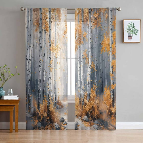 Orange Navy Blue Sheer Curtains 96 Inches Long 2 Panels Set, Window Sheer Curtains for Living Room/Bedroom, Modern Oil Painting Art Forest Light Filtering Rod Pocket Curtain 52'' x 96'' x 2
