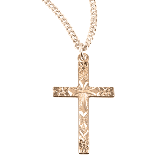 16kt Plated Sterling Silver Flower Tipped Cross Pendant Necklace, Solid Sterling Silver, 18" Gold Plated Stainless Steel Chain- Hand Polished- Made in USA - Deluxe Velvet Gift Box