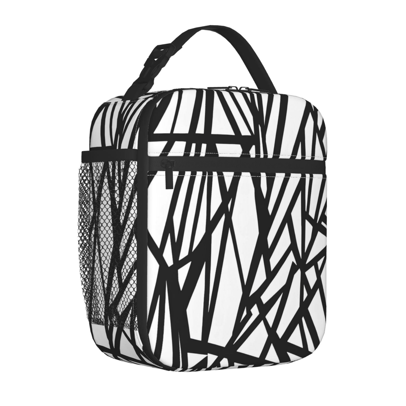 Lunch Bag For Women Men Insulated Portable Lunch Box Bento Box Office Picnic Travel Cooler Bag Black Geometric Lines_4