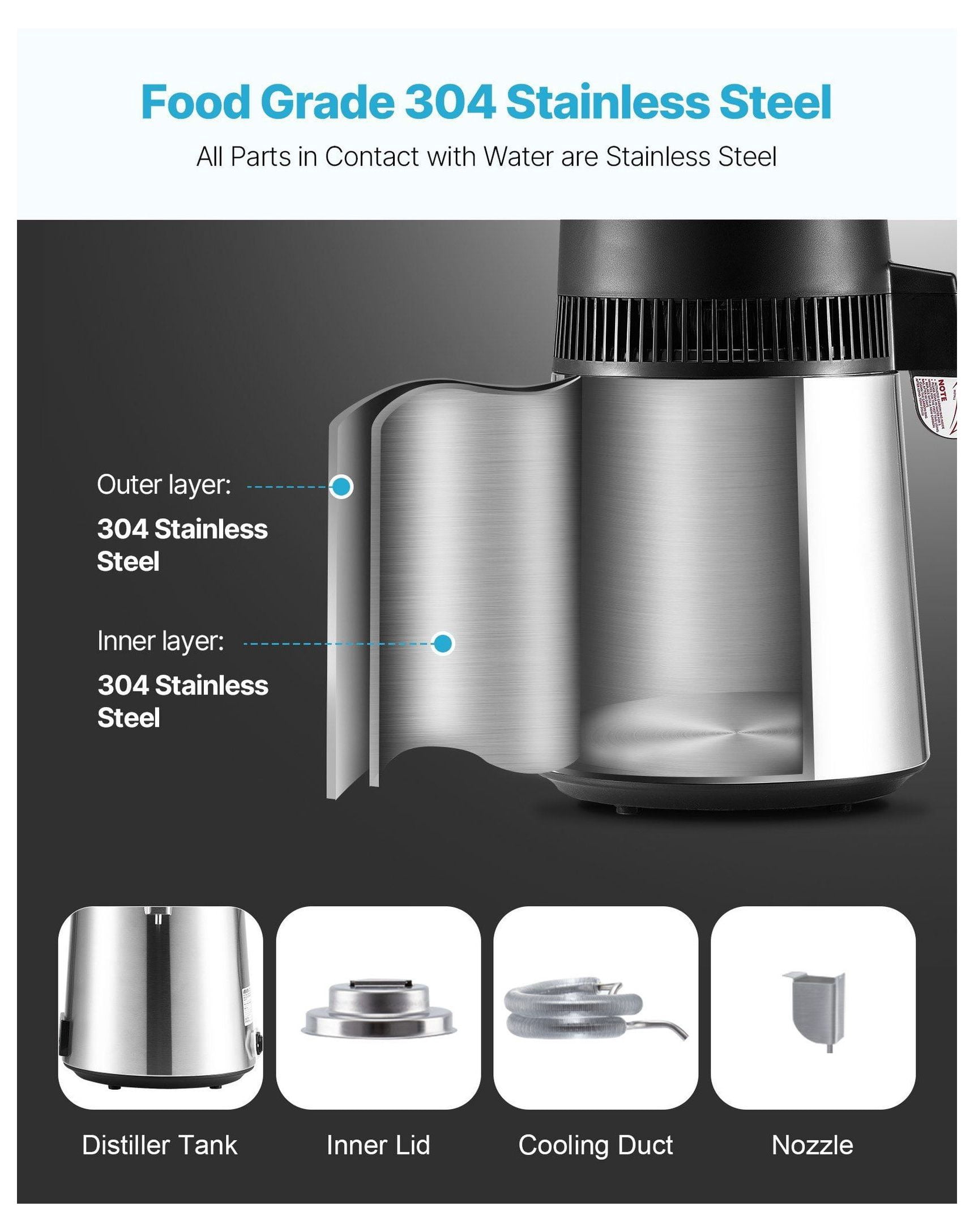 6L Water Distiller Home Countertop Purifier Machine 900W Stainless Steel Glass