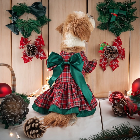 Plaid Christmas Dog Dress, Small Dog Bow Dress Outfit , Soft Fabric Pet Skirt for Yorkie Chihuahua Poodle, Fall Winter Holiday Wear