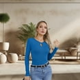 thumbnail image 6 of VICHVVY Womens Long Sleeve Shirts Cutout Neck Keyhole Slim Fitted Ribbed Knit Trendy Tight Tops Blue M, 6 of 7