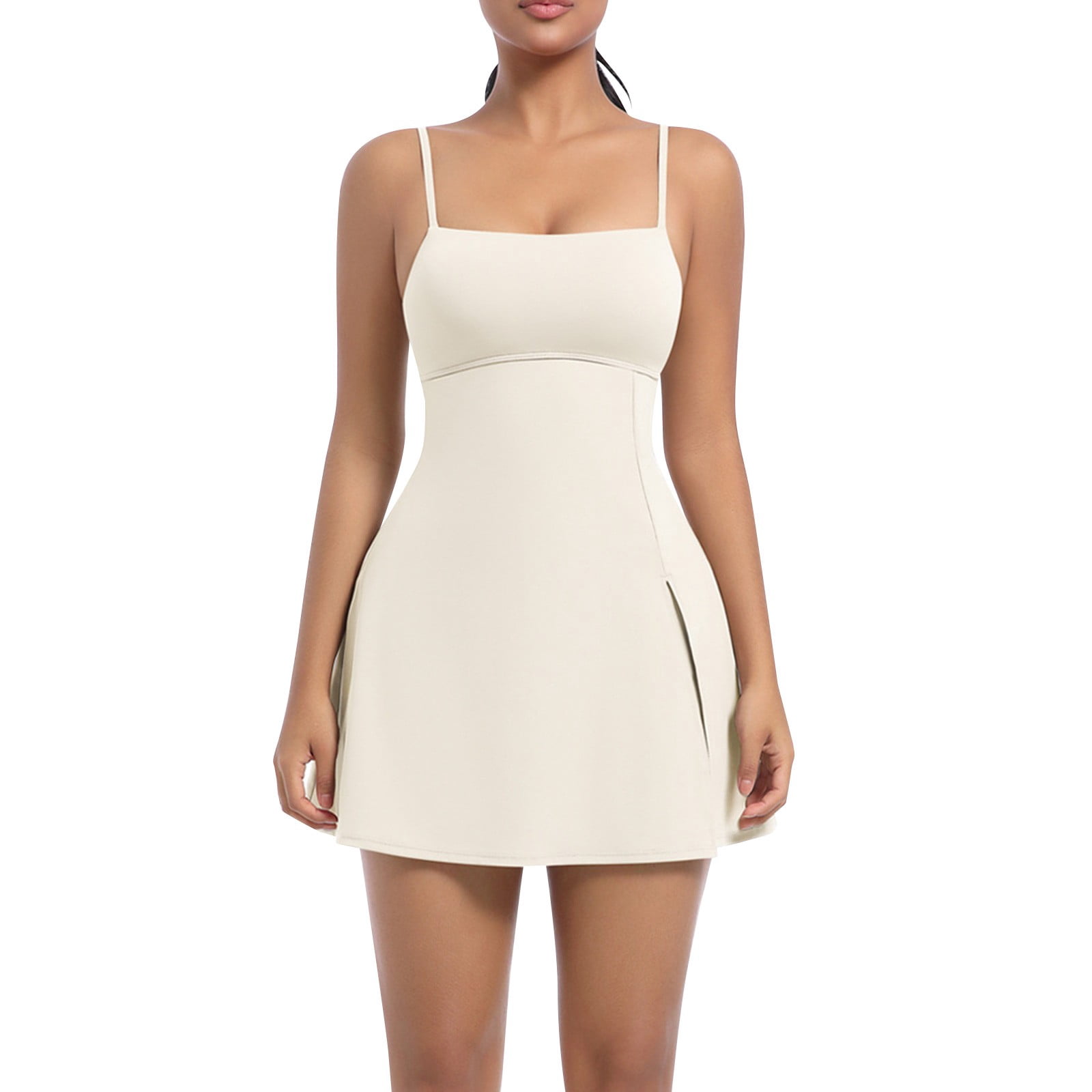jtjvou Women's Tennis Mini Dresses Workout Golf Athletic Sleeveless Backless Spaghetti Strap Slit Dress with Built in Shorts Beige M