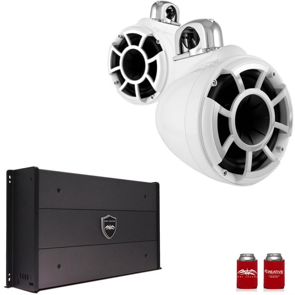 Wet Sounds REV8W-FC 8" White Tower Speakers with Stainless Steel Fixed Clamps & SYN-DX2.3 1200 Watt Amplifier
