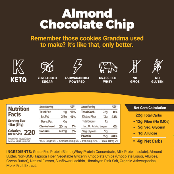 Atlas Bar, Keto Friendly & Grass Fed Whey Protein Bar, Almond Chocolate Chip, 15g Protein, 10 Bars