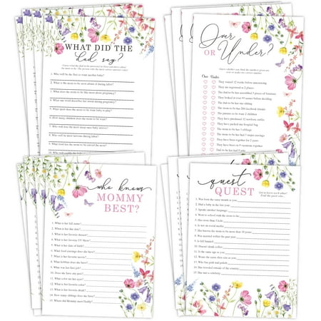 Wildflower Baby Shower Games – Set of 4 Double-Sided Games for 25 Guests – Guest Quest, Who Knows Mommy Best, What Did Dad Say & Over or Under – Floral Garden Boho Baby Shower Party Activities