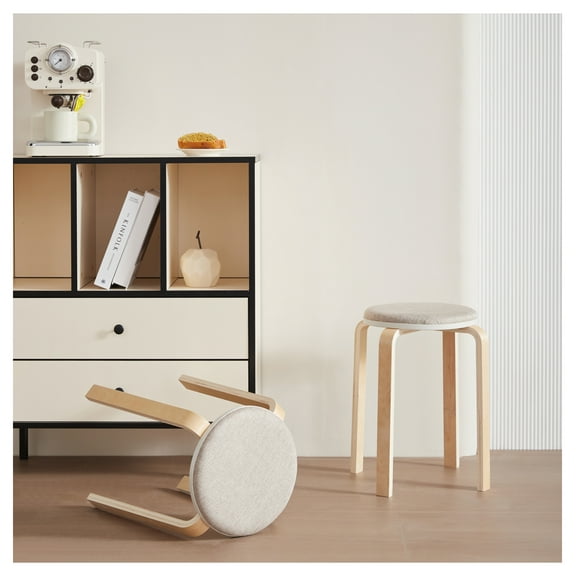 Stackable Stools Set of 4, Bentwood Chairs for Kitchen Dining Room, Round Backless Stackable Stools for Classroom, 11.81*11.81*18.5 Inch LIGHT GREY   Solid Wood