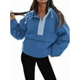 thumbnail image 3 of Veste Matelassée à Col Rond pour Femmes, Manches Longues, Coupe Ample, Demi-Glissière, à Capuche, avec Cordon de Serrage, Bleu, M, 3 of 7