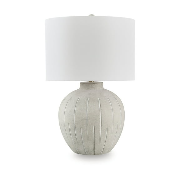 Signature Design by Ashley Calbert Poly Table Lamp, Warm Gray, Textured Base, 19" Tall, Drum Shade