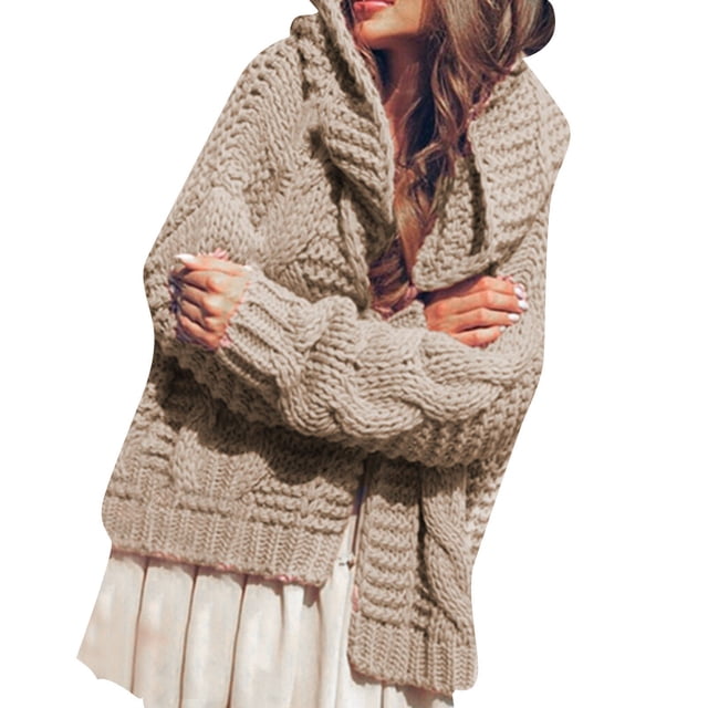 Abrigo de Moda Suéter de aguja pesada de otoño e invierno para mujer, cárdigan suelto de moda grueso para mujer (Caqui, S)