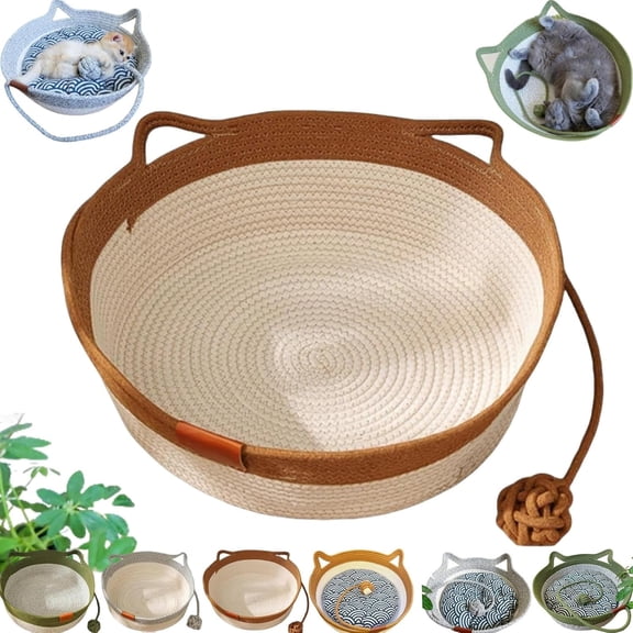 Handwoven Cat Basket,Foldable Scratchable Cat Bed Rope Cotton,Breathable Durable Natural Rattan Woven Pet Sleeping House with Teasing Ball & Cushion for Small & Large Cat & Dog