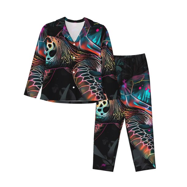 Fotbe Colorful Plant Turtle A Conjunto de Pijama de Manga Larga para Mujer con Estampado, Ropa de Dormir de 2 Piezas, Conjunto de Casa Suave y Cómodo con Bolsillos-XX-Large