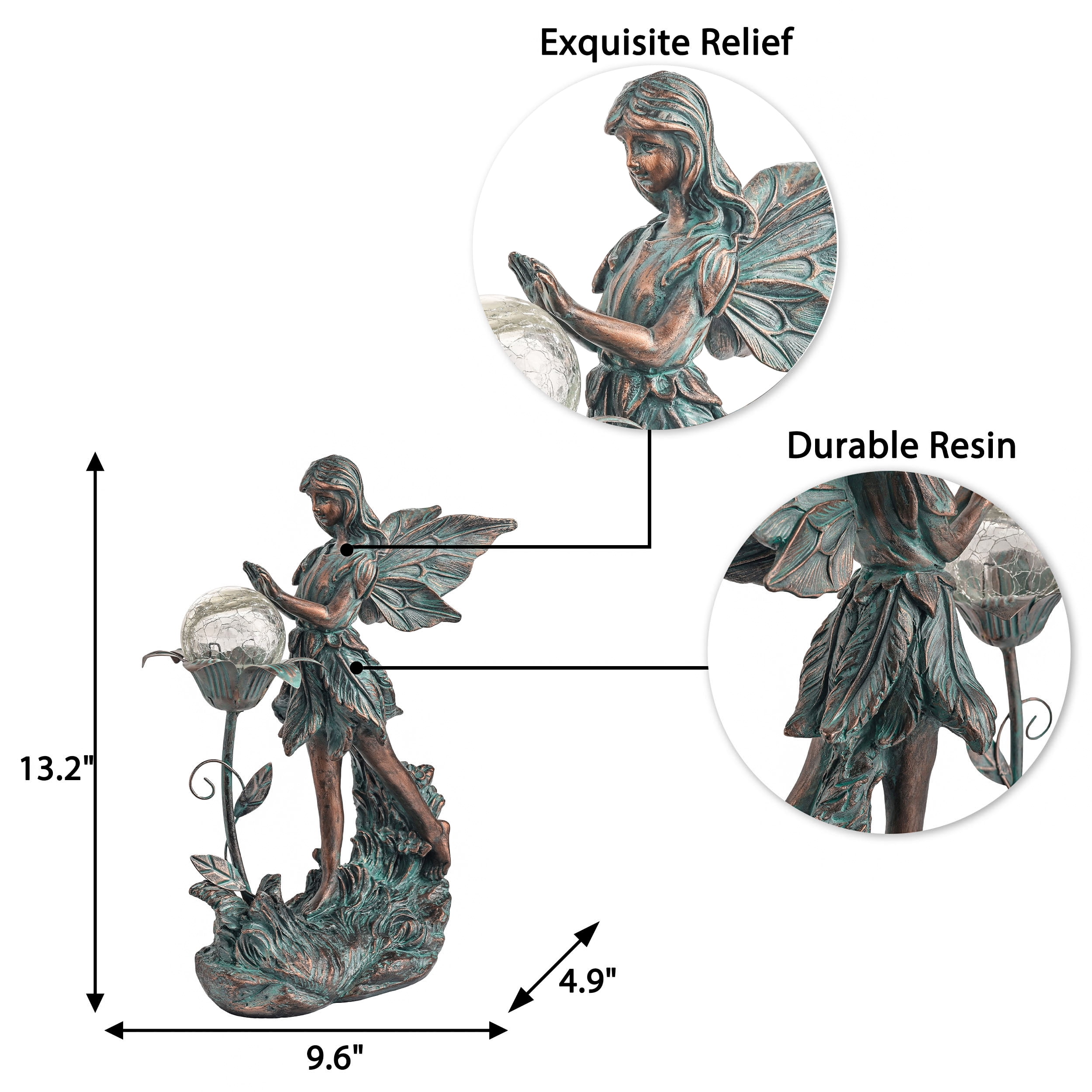 TERESA'S COLLECTIONS Garden Fairy Large Bronze Garden Sculptures & Statues Resin with Solar Outdoor Light, 11"