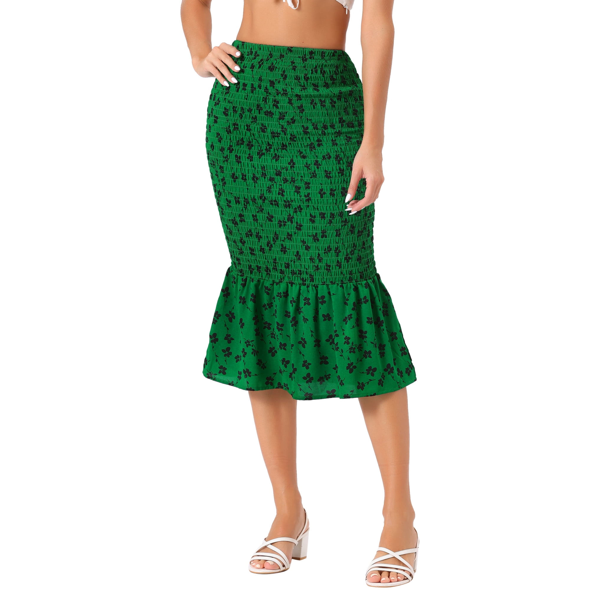Unique Bargains Women s Floral Midi Skirt Smocked Knee Length High Waist Bodycon Mermaid Pencil Chiffon Skirt Dark Green S