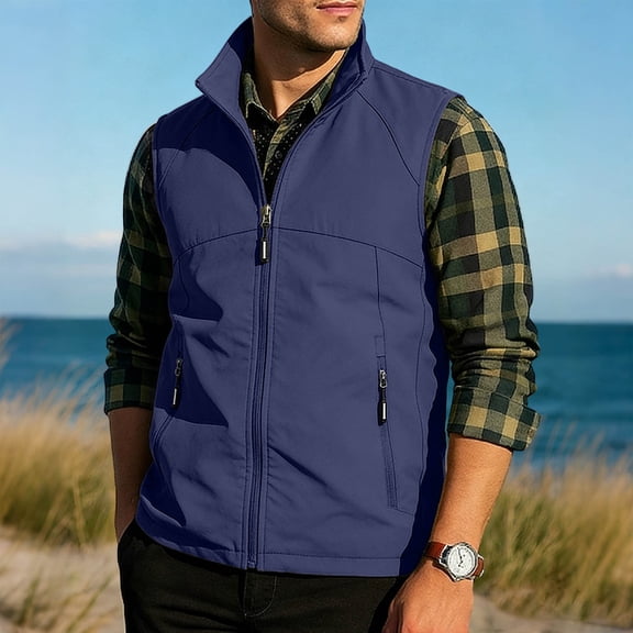 Gamivast Men's Softshell Vest Sleeveless Windbreaker Jacket Full Zip Outerwear with Zipper Pockets Lightweight Stand Collar for Hiking Golf Casual Outdoor Work Dark Blue XL