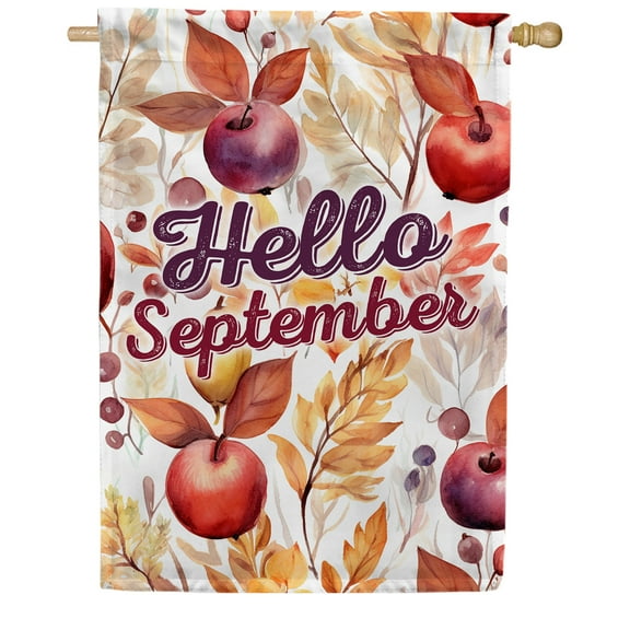 America Forever Hello September Autumn House Flag, 28 x 40 inches Double Sided, September Welcome House Flag, Fall Leaves and Apples, Seasonal Outdoor Decor, Holiday Outside Yard Decorations