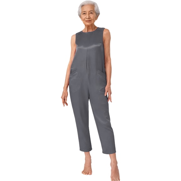 TTAO Women's Special Needs Adaptive Clothing Round Neck Sleeveless Back Zipper Anti-Strip Adaptive Jumpsuit Grey L