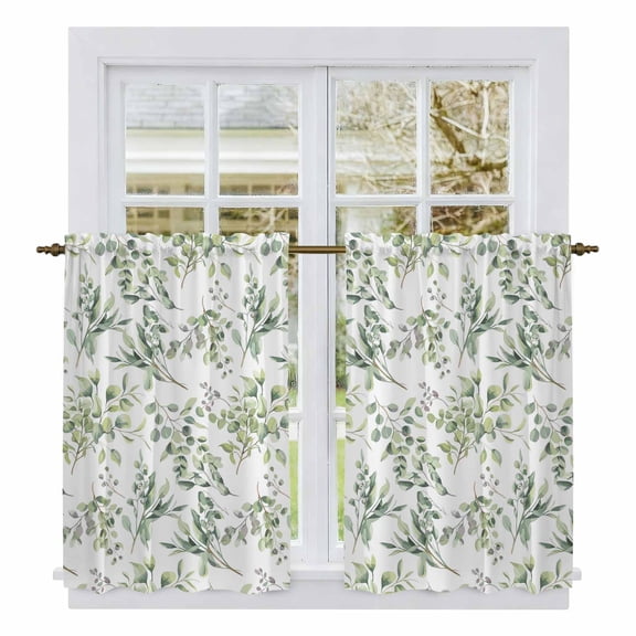 Sage Green Eucalyptus Kitchen Curtain for Berdoom Living Room Cafe 45 Inch Length, Spring Watercolor Botanical Leaves Tiers Curtains Light Filtering Drapes Window Treatment 2 Panels 52"Wx45"L