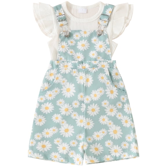 Gerichy Toddler Kids Girl Shorts Outfit 12 18 24 Months 2T 3T 4T 5T Solid Color Ribbed Short Sleeve T-Shirt with Daisy Print Overall Shorts 2 Pcs Summer Clothing