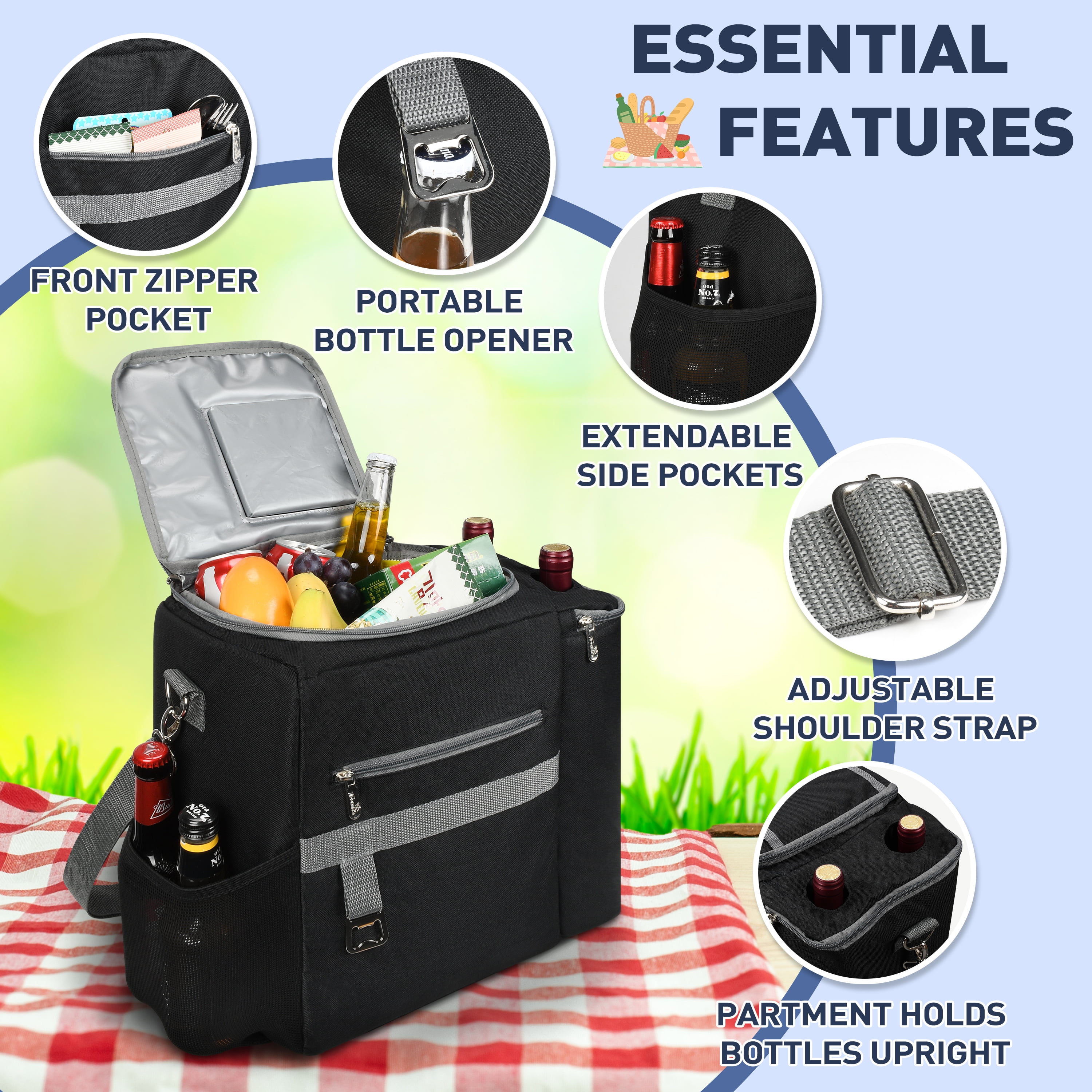Tirrinia Large Food & Drinks Insulated Cooler Bag - 20L Leakproof Outdoor Grocery Carrier, Travel To-Go Container + Wine Tote for Picnics, Camping, Parties