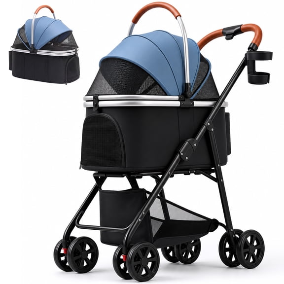 CLOUDREST PRO Pet Stroller, Folding Dog Stroller for Small Medium Dogs & Cats, 3-in-1 Detachable Carrier Stroller with Cup Holder & Breathable Mesh Windows, Storage Basket & Shock Absorbing Wheels
