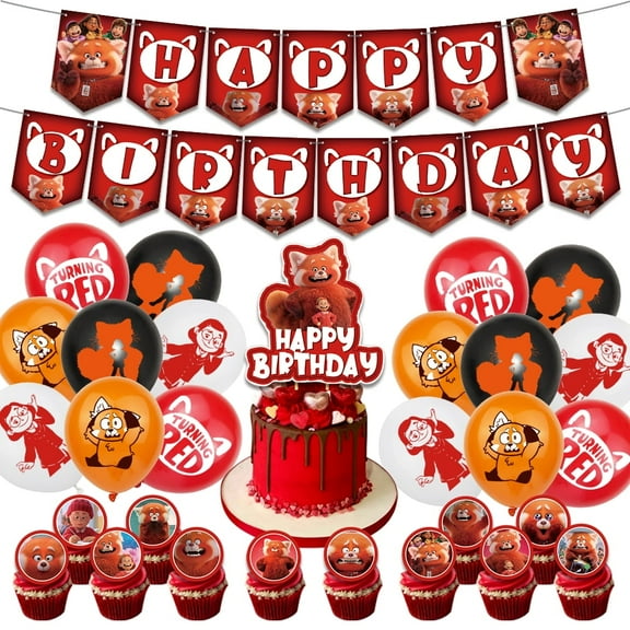 Birthday Party Supplies Set with Turning Red Themed, Including Happy Birthday Banners, Cupcake Toppers, Balloons, Party Decor Kit.