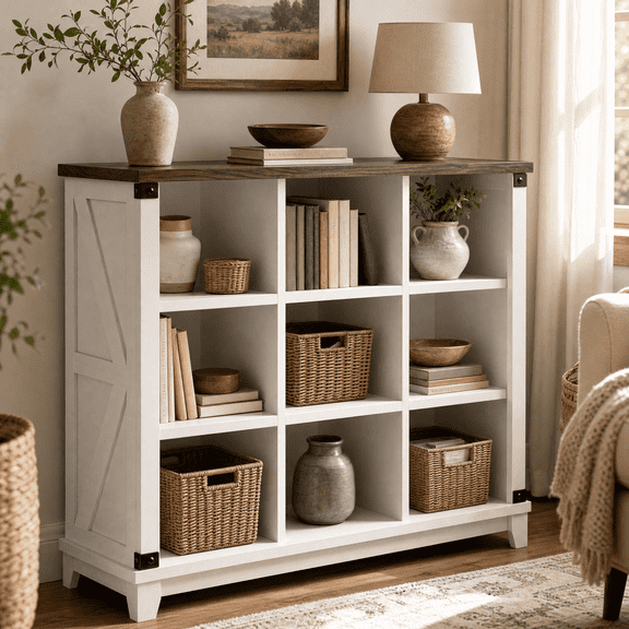 melmine 9-Cube Storage Organizer,Farmhouse Cube Bookshelf & Display Shelf,Freestanding Bookcase for Living Room,Bedroom & Home Office,White